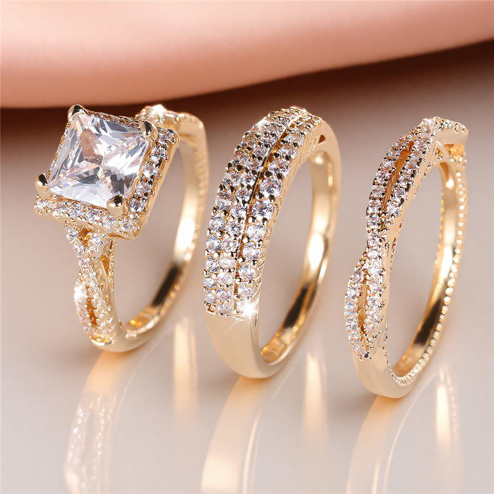 Crystal Female White Zircon Ring Set Fashion Vintage Gold Color Bridal Wedding Engagement  For Women