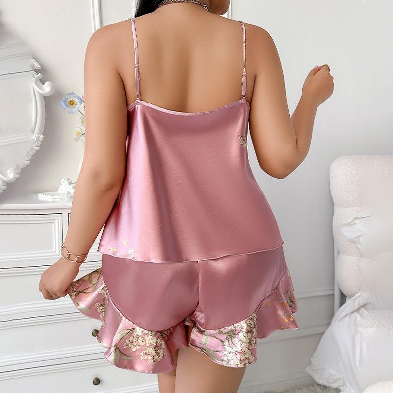 Large-sized Printed Pajamas, Fashionable and Casual Ice Silk Pajamas, Home Wear, Imitation Silk Strappy Home Wear for Women
