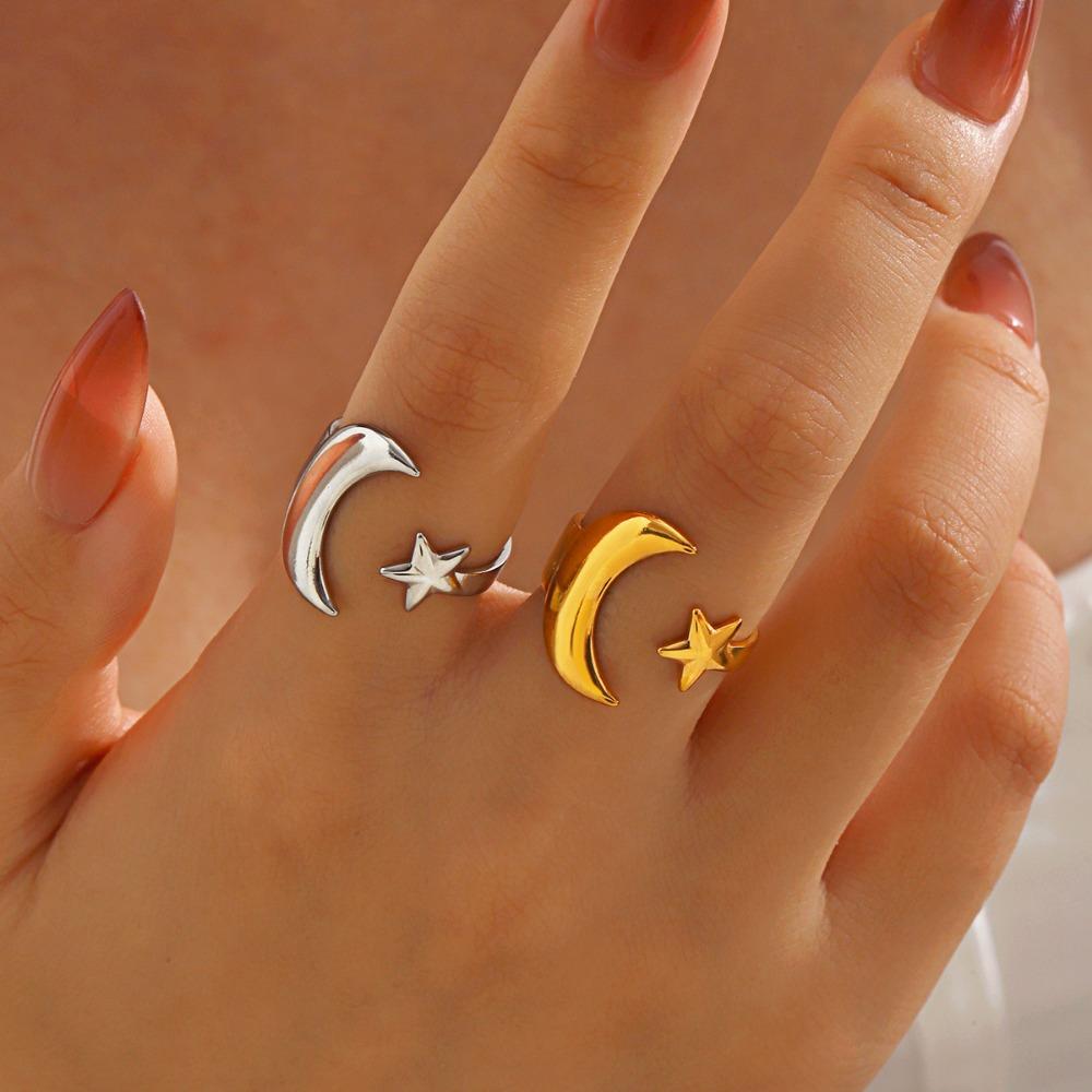Fashion Simple Ethnic Style Gold Color Moon Stars Pattern Open Rings for Women Daily Wear Stainless Steel Finger Jewelry Gifts