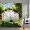 1pc White Peacock Bath Curtain with Blue-Green Tail Feathers - Lush Garden Blooming Flowers & Clear Blue Sky Design, Machine-Was