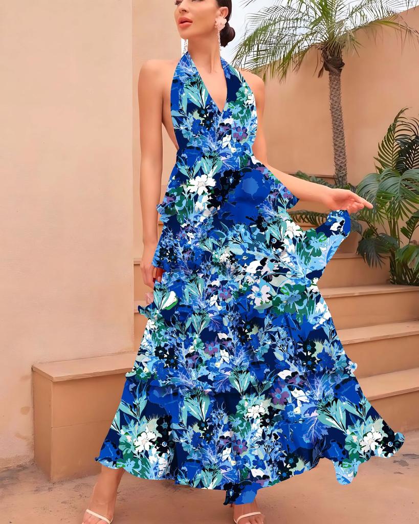 New In Spring, European and American Women's Dress Is Fashionable and Sexy V-neck Suspender Multi-layer Printed Dress