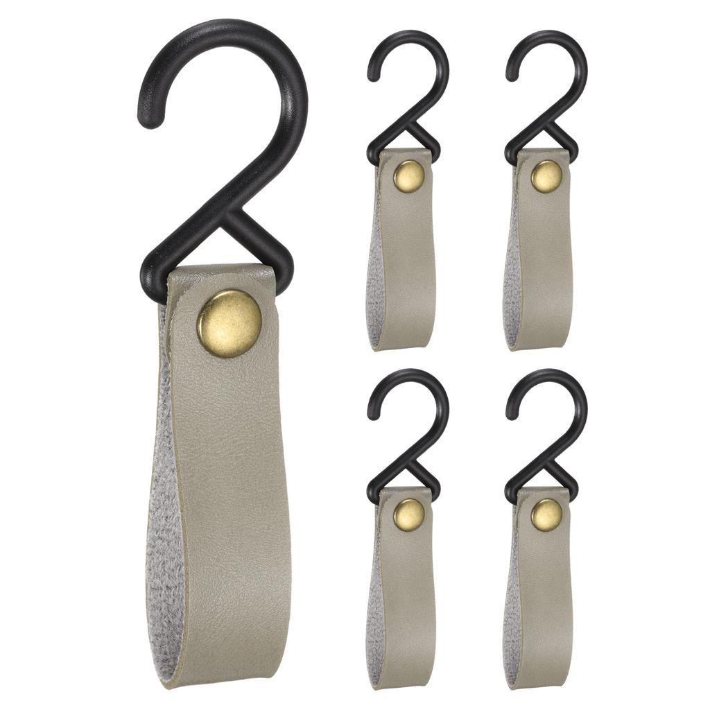 5pcs PU Leather Hooks, Leather Straps with Hooks, S-Shape Hooks for Outdoor Camping Kitchen Bathroom Hanging Pots Pans Utensils