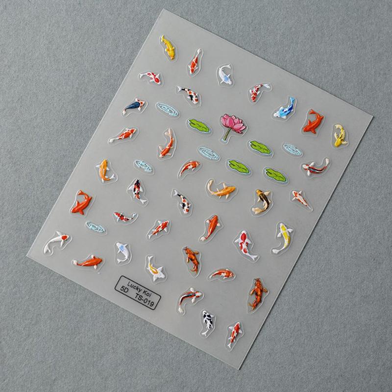 5D Embossed Colorful Lotus Leaf Small Fish Soft Relief Nail Art Stickers Diy