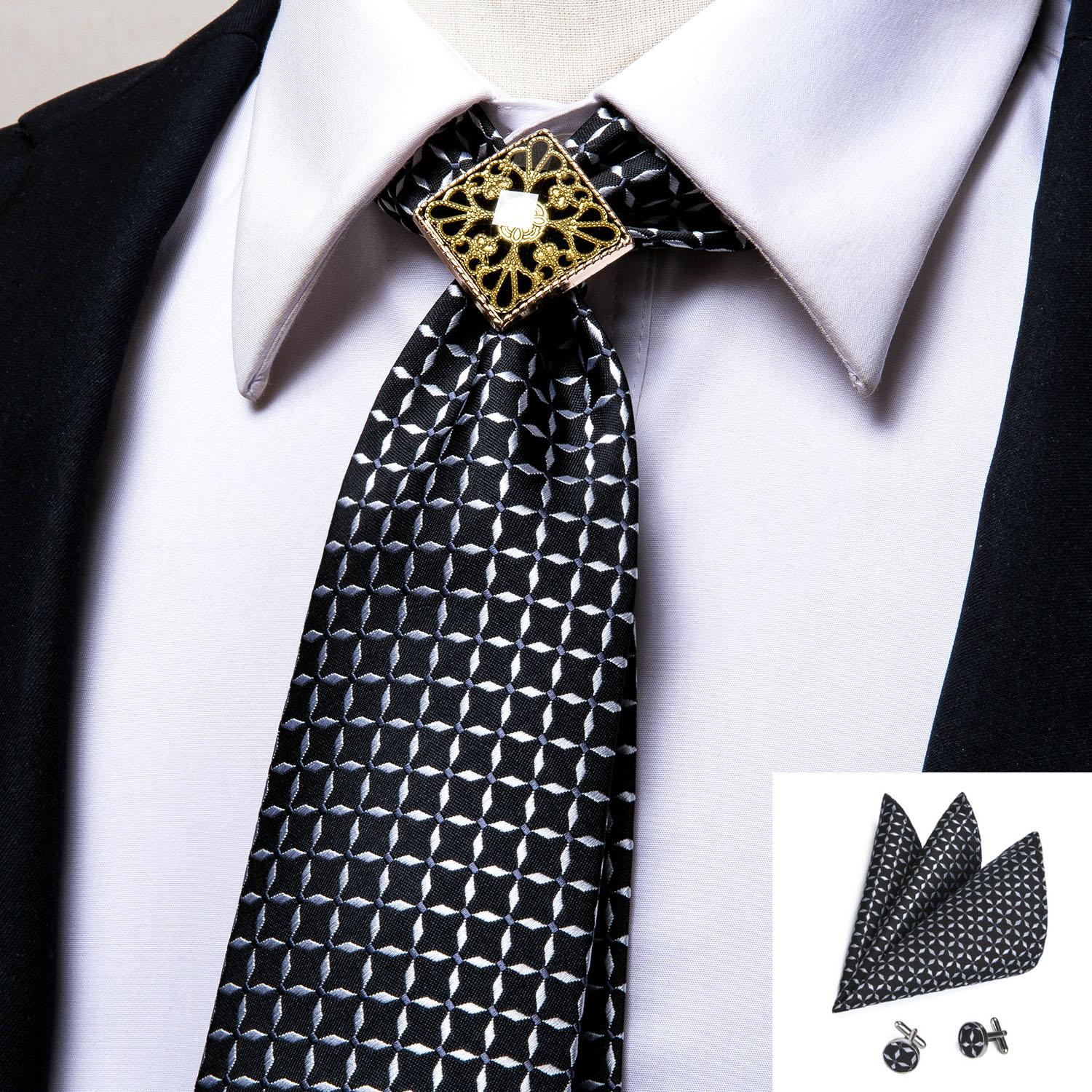 

Черные галстуки Hi-Tie для мужчин, галстук, носовой платок, запонки, кольцо для галстука из сплава, галстук-боло, бутоньерка, деловой набор