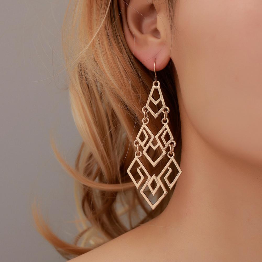 Women Diamond Hollowing Long Exaggeration Geometry Earrings