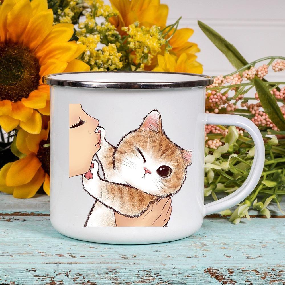 Dessin animé chat impression émail café thé tasses mignon Animal petit déjeuner Dessert lait eau tasses amour chat maison Drinkware meilleur ami cadeaux