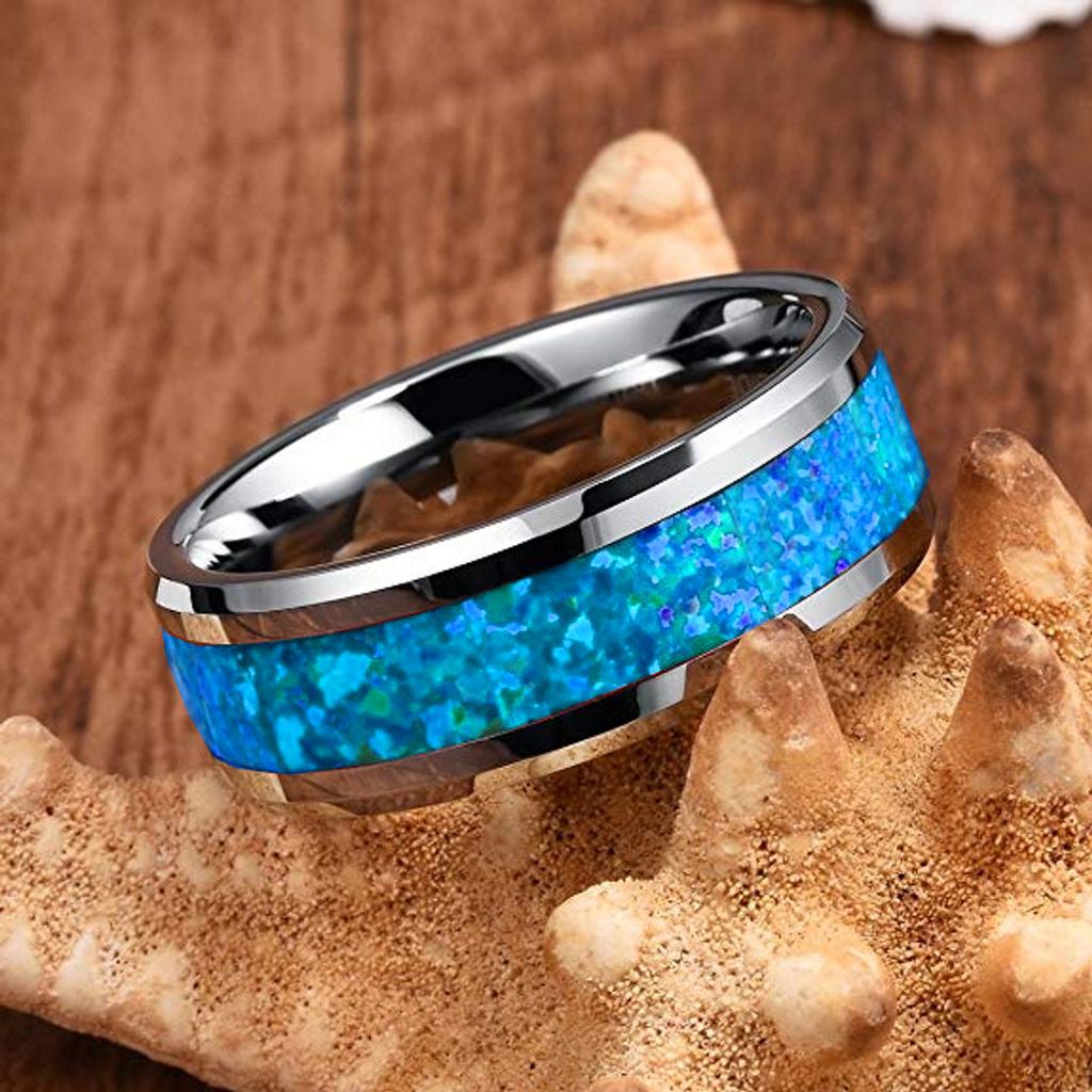 8mm Männer Silberfarbene Edelstahlringe Einlage Imitation Blaues Opal Verlobungsringe Für Männer Frauen Ehering Schmuck