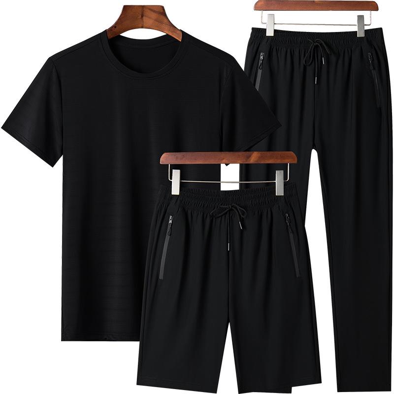 Men's Summer Quick-Dry Ice Silk Solid Color Sports Suit - Large Size Three-Piece Set with Shorts.