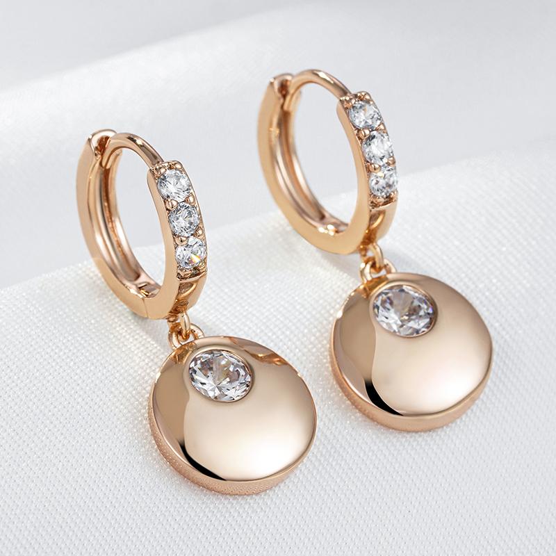 Fashion Simple Glossy Round Coin Dangle Earrings Women Rose Gold Color With Natural Zircon Party Daily Fine Jewelry
