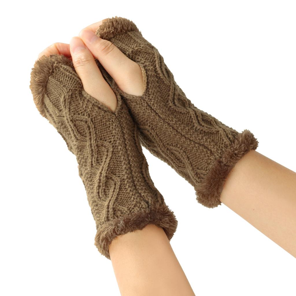Women's Winter Warm Wool Gloves, Fingerless Diamond Knit Short Gloves