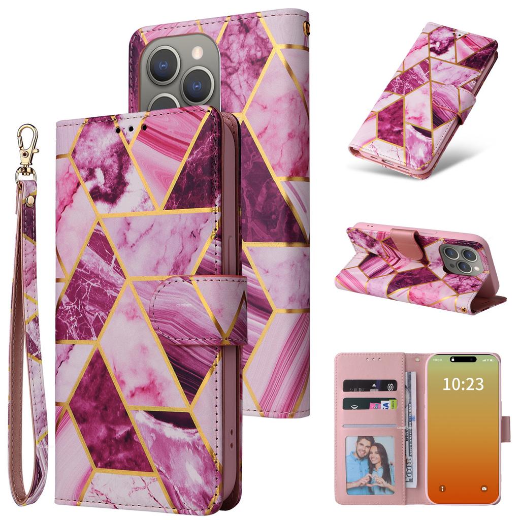 Applicable to iPhone15 mobile phone leather case 15Pro bronzing marble card wallet protective case 15ultra