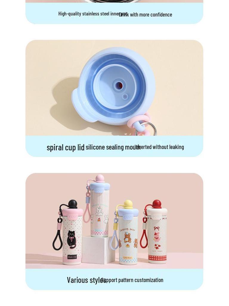 316 Stainless Steel Insulated Straw Cup for Women & Students - Cute Cartoon Water Bottle with Handle for Outdoor Use.