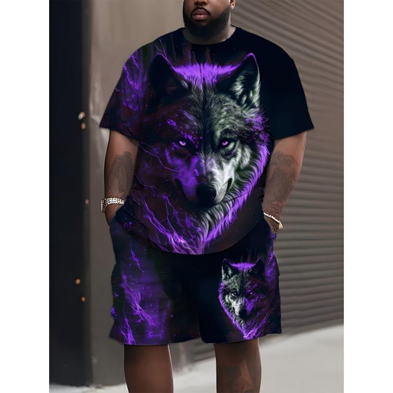 Men s 3D wolf print casual sports short-sleeved suit - black with blue and white wolf pattern S