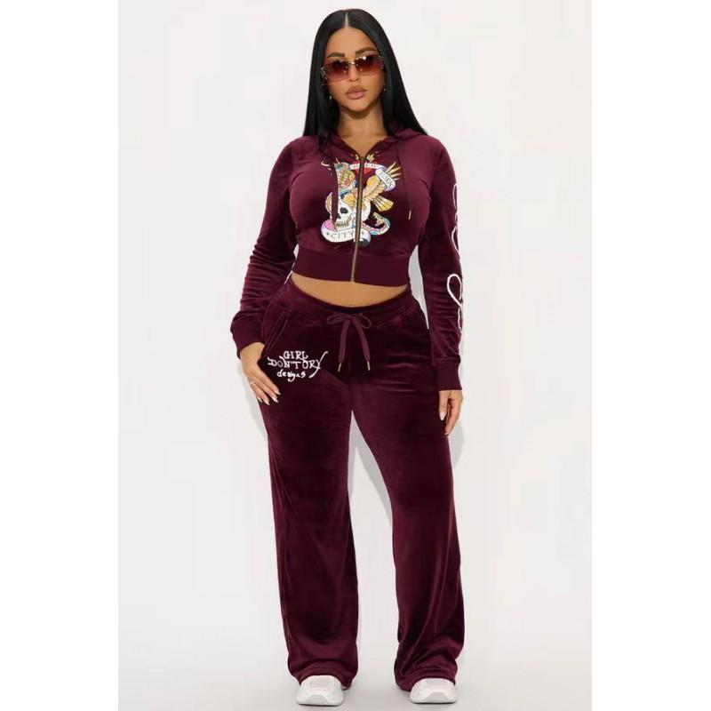 Womens Slim Fit Hooded Velvet 2-Piece Set Streetwear Skull Print Casual Tracksuit