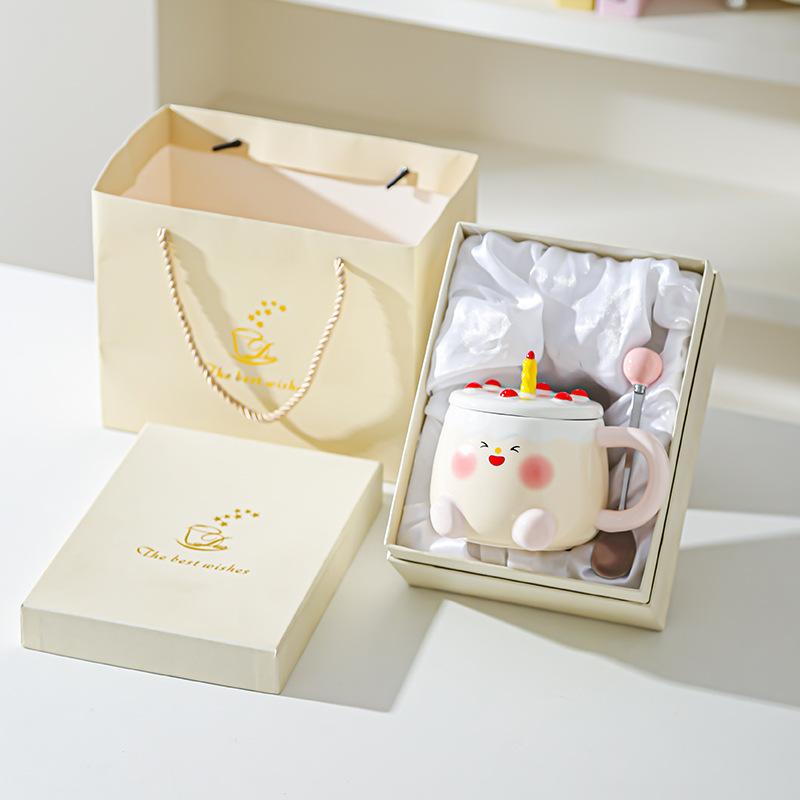 Creative Cartoon Cake Cup Birthday Gift Souvenir Ceramic Cup Cute Good Looking Water Cup with Lid Mug