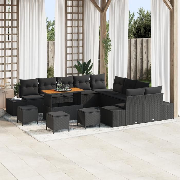 Set de 14 pièces de canapés de jardin avec coussins noir en rattan synthétique, Canapé de jardin 2 places avec coussins noir 3362849