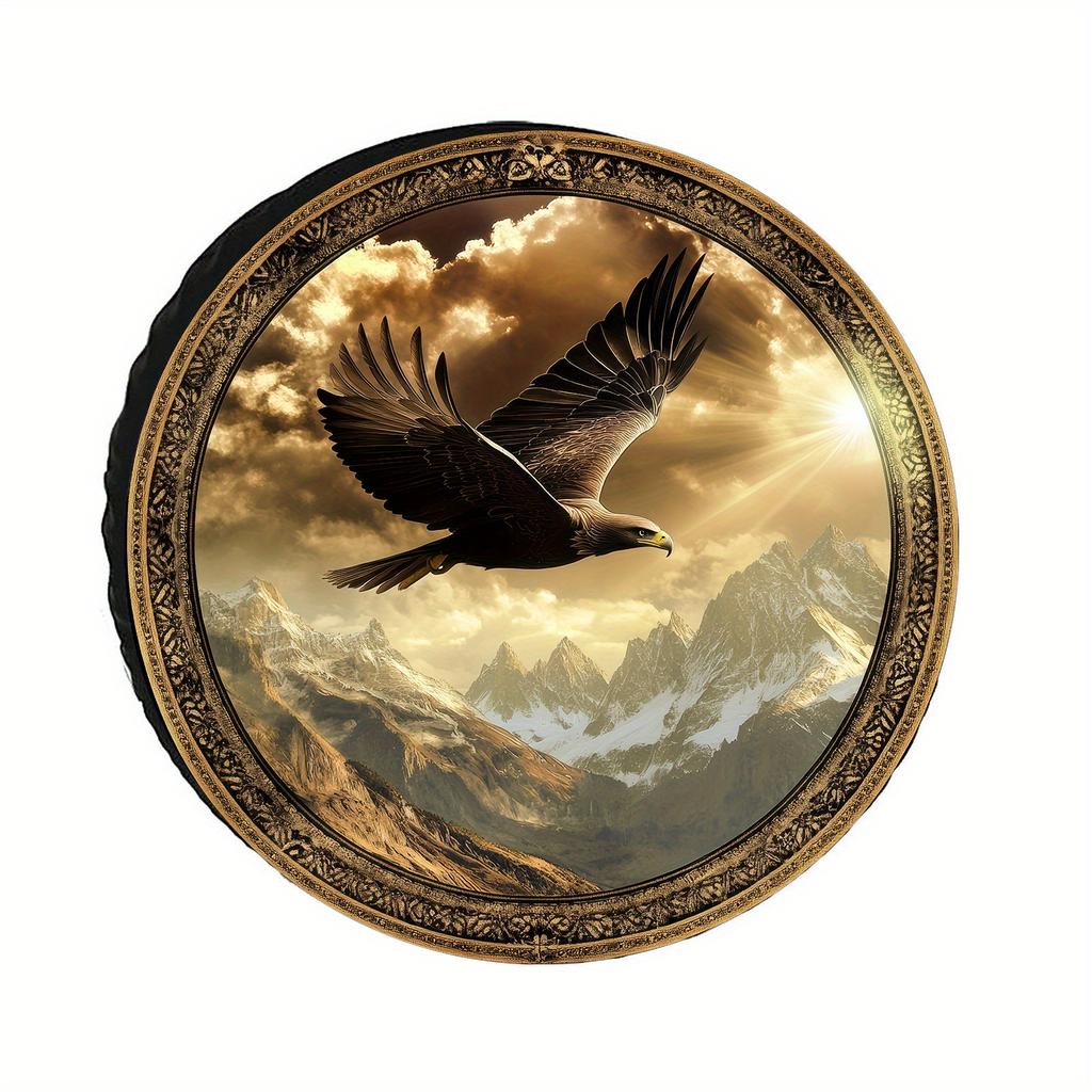 Eagle Soaring Mountain Landscape Tire Cover - Universal Fit Premium Polyester Wheel Protector With Ornate Golden Border, Durable