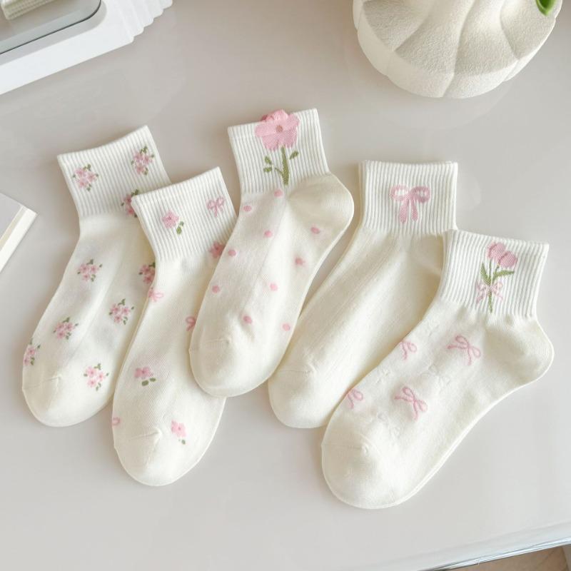 White Socks for Women, Summer Bow Flower Short Socks, Trendy Breathable Boat Socks, Cotton Sweat-absorbing Women's Socks