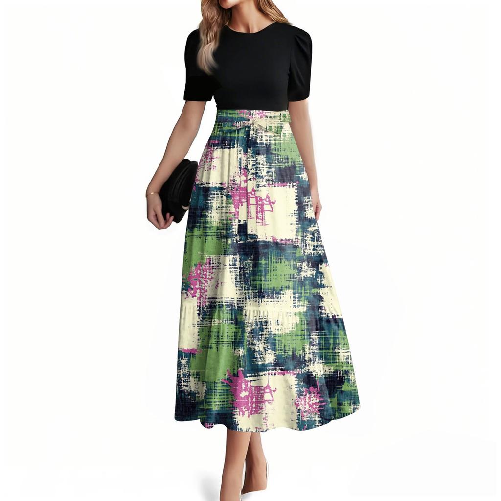 Dame Mote Casual Belte Kortermet Rund Hals Søm Elegant Temperament Kjole