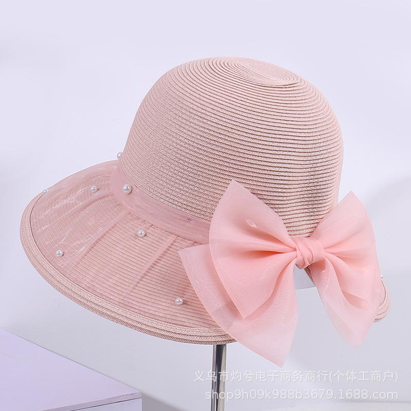 Summer large brim pearl decorative bow straw hat women's fashion outdoor travel vacation sun hat