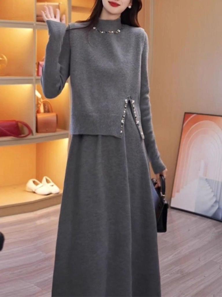 Beaded Knitted Two-Piece Mid-Length Dress - 2025 Autumn/Winter Korean Style