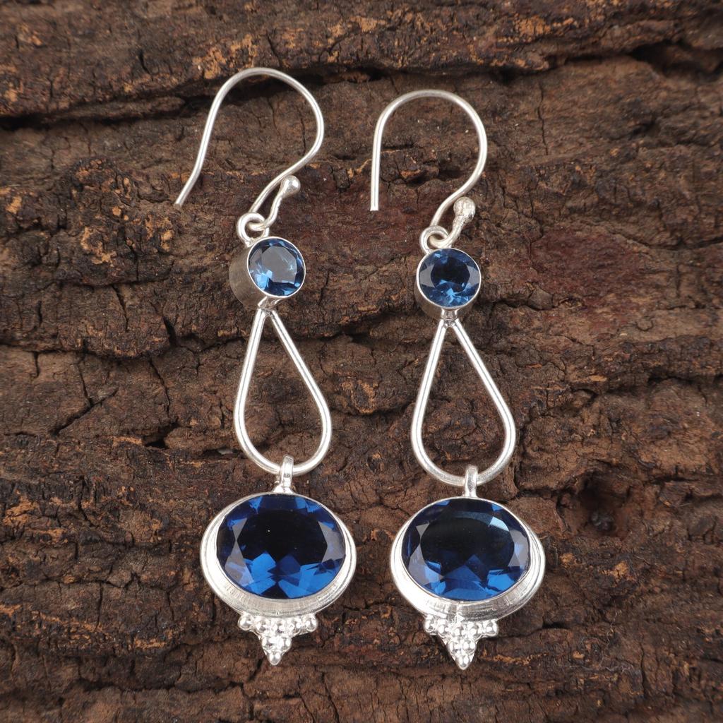 Natürlicher London Blue Topas Edelstein 925 Sterlingsilber Handgefertigte Ohrringe 2,50" EE-132-15