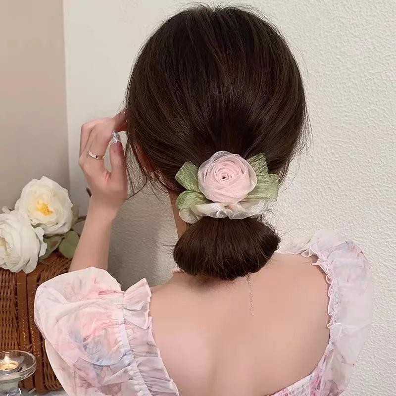 

Милые резинки для волос с цветком розы Женские сетчатые большие резинки для волос Веревка для волос для девочки Простая Ин головной убор Держатель для женского хвостика
