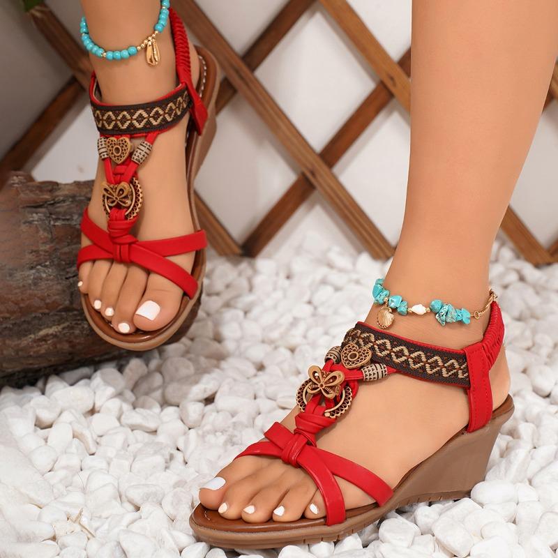 Sandalias de cuña con tira trasera elástica de estilo bohemio para mujer, cómodos zapatos de verano