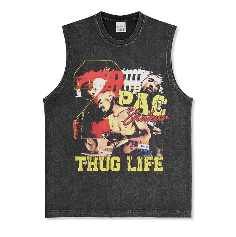 Canotta Senza Maniche Tupac Grafica Retro High Street Cotone Pesante