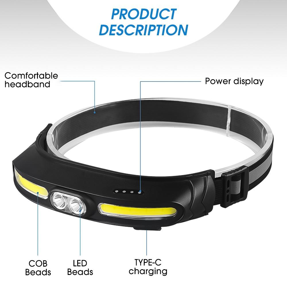 COB Headlamp 5 Modes Camping Wide Range Lamp Working Head Torch, Lightweight Portable Headlight Outdoor USB Rechargeable