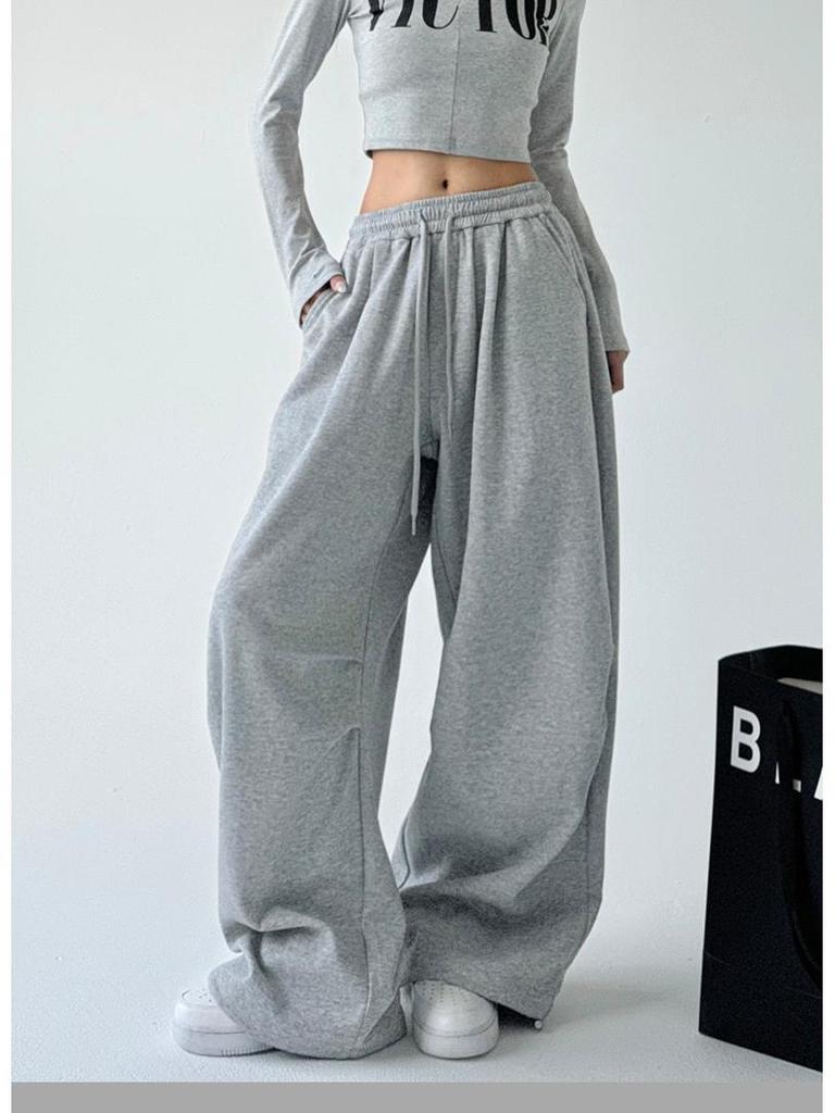 2025 Women's American-Style Grey High-Waist Cargo Sweatpants - Spring/Autumn Wide-Leg Loose Fit