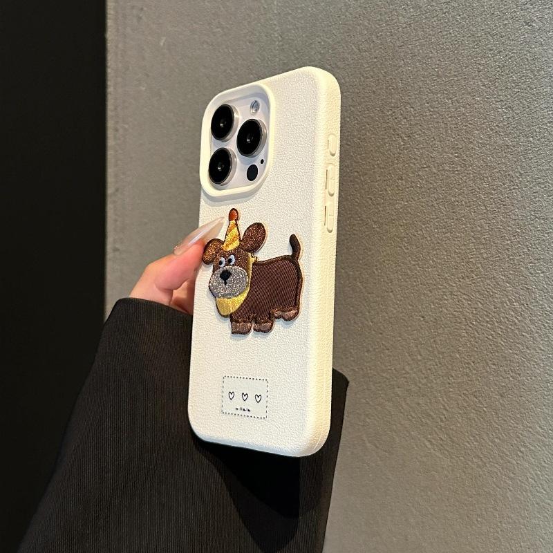 Cartoon Embroidered Dog for Apple 16 Mobile Phone Case 15promax Simple 14 Lychee Pattern for IPhone13mini
