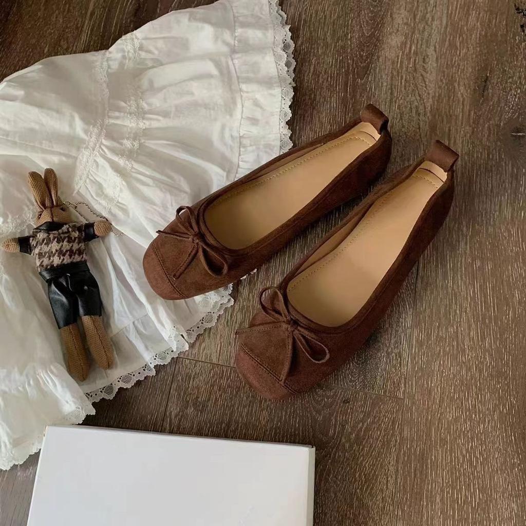 Sheepskin Version! Red Ballet Single Shoes Women's Bow Retro Evening Wind Flat Bottom Ladyshoes Square Head Shallow Mouth Grandma Shoes