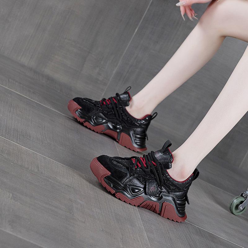 

Thick-soled heightening women s spring new versatile leather casual sports shoes 40 чёрный