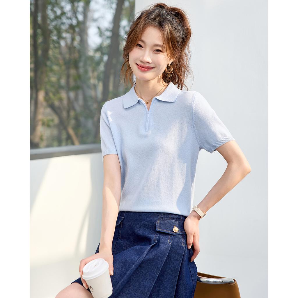 Simple summer clothes Polo collar sports style high-quality women's T-shirt top women's short sleeved women's knitted sweater