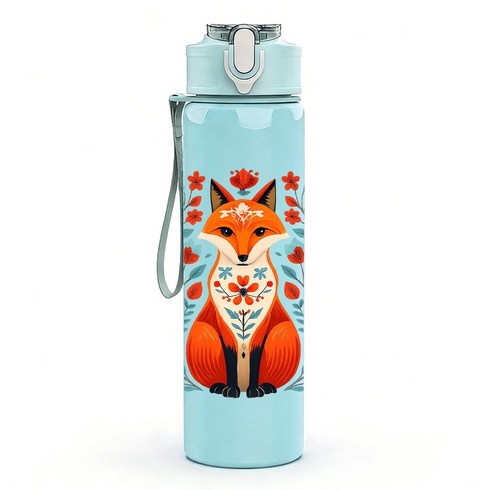 1PC Folk Fox Head Illustration 750ml Color Plastic Sports Water Bottle Leakproof Flip Straw Lid Suitable for Sports Office Home Use