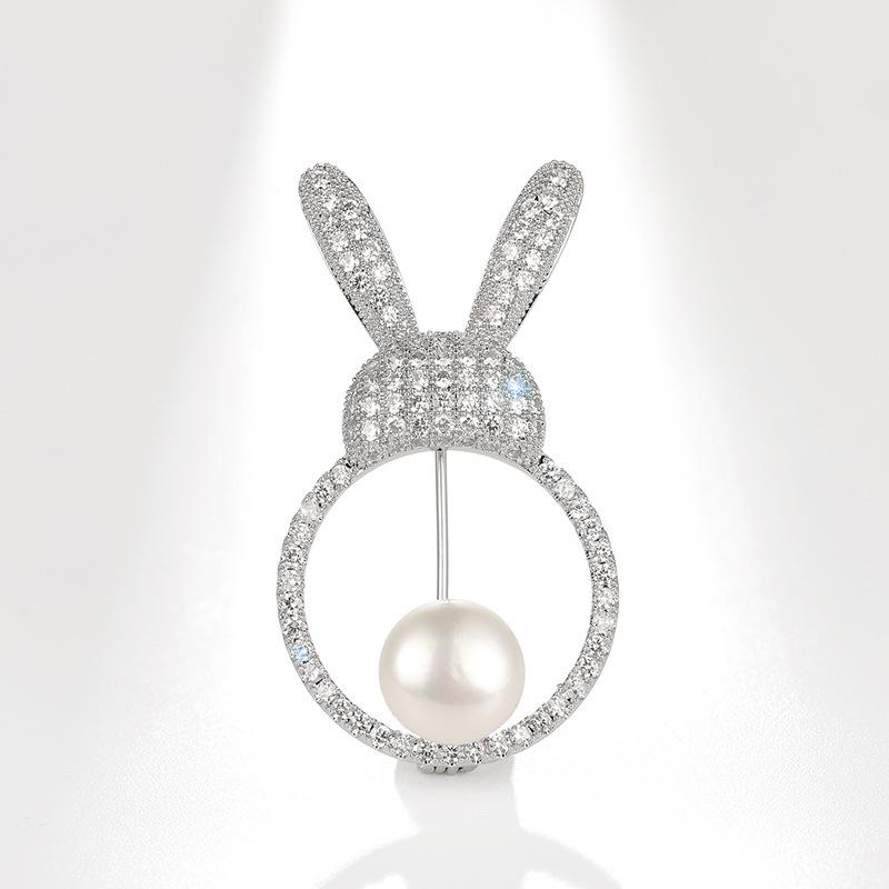 Bo Xin Yun Zircon Rabbit Brooch with Freshwater Pearl Hollow-out Design
