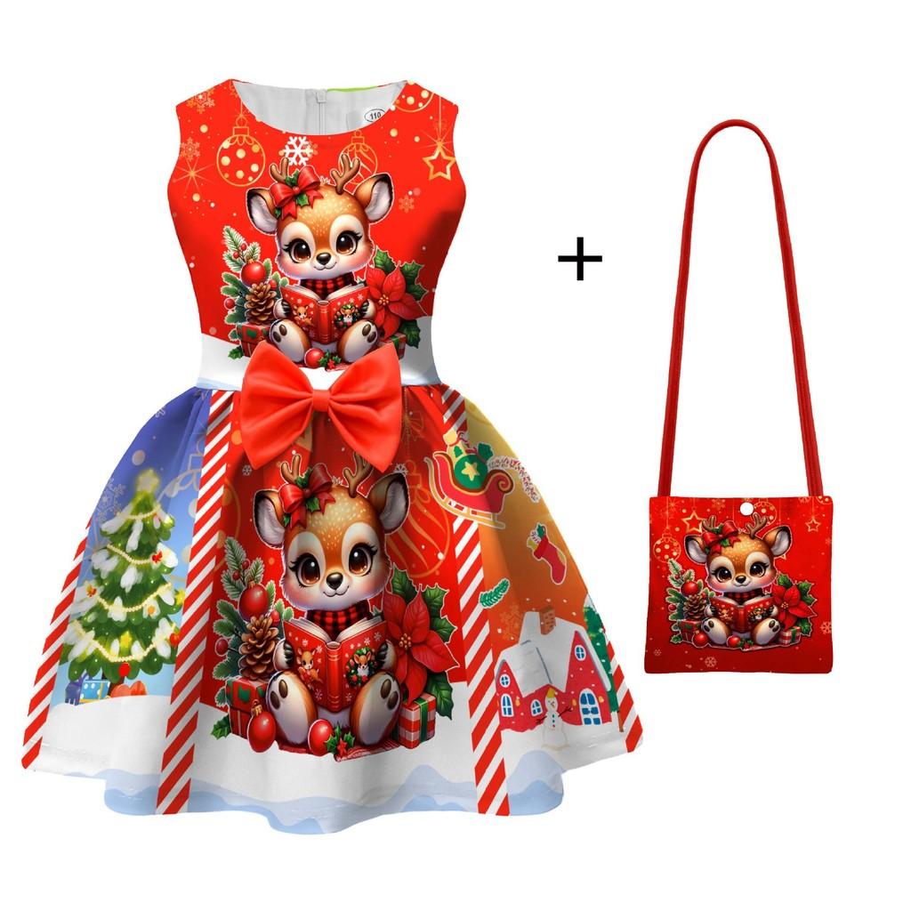 Kinder Mädchen Cartoon Weihnachtsmann Weihnachtsbaum Elch Print Schleife Ärmellos Freizeitkleid