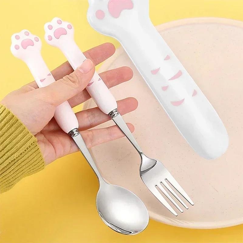 Stainless Steel Cute Cartoon Cat Paw Design Spoon and Fork Set Portable Storage Box Tableware Cutlery Kitchen Items Utensil Sets