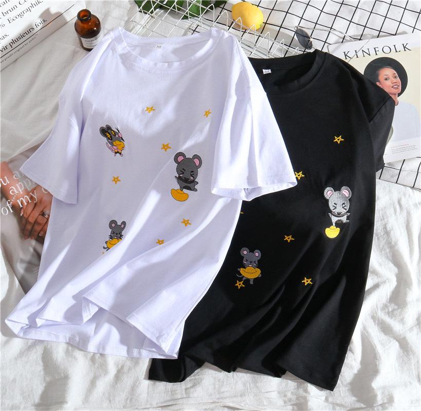 European Heavy Embroidered Cotton Women's Mid-Length White Short-Sleeve T-Shirt for Summer 2025