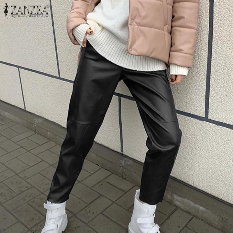 

ZANZEA Женские Повседневные искусственные PU Кожаные шнурки Брюки