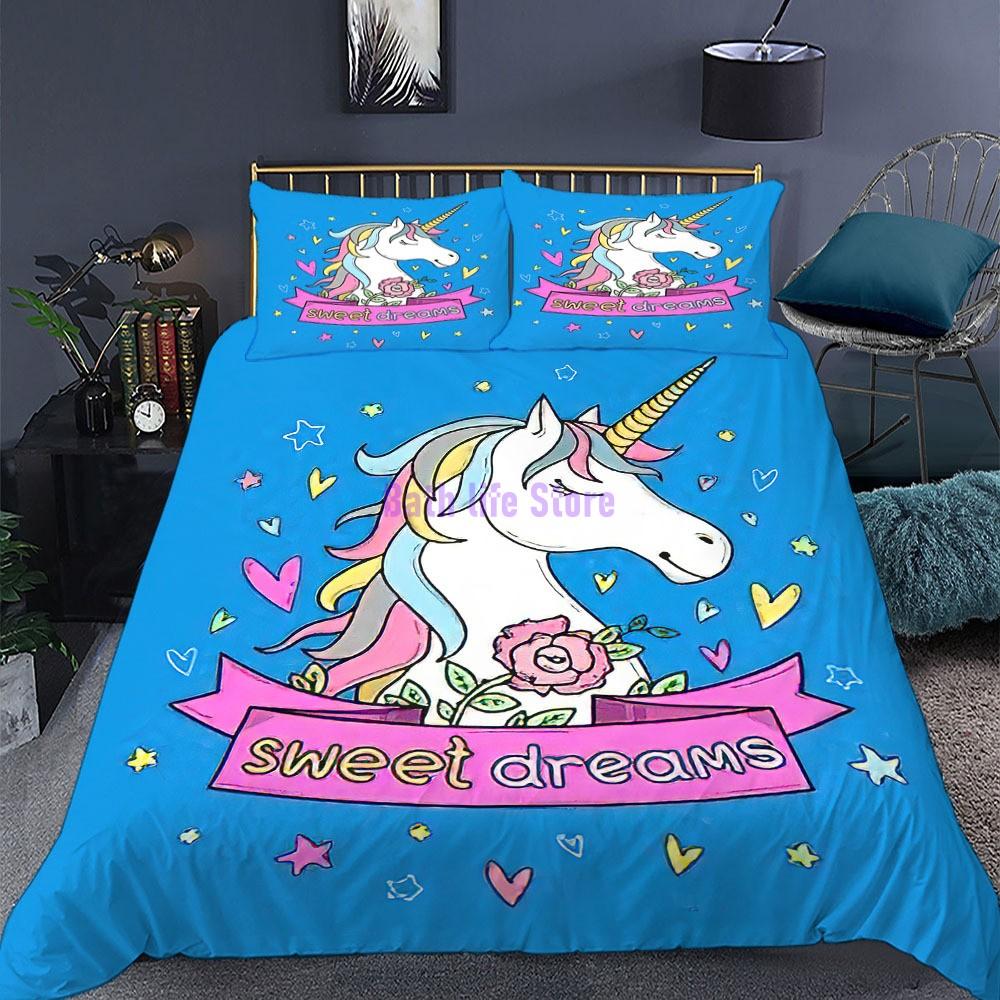 Cartoon Unicorn Lucky Kids Girls Pink Bedding Set Cartoon Duvet Cover Bedcllothes Animal Printed Queen King Size Bed Linens