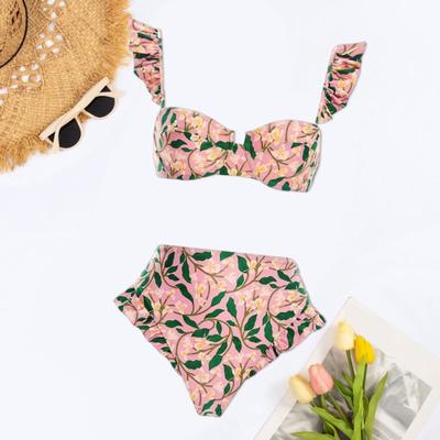 Conjunto de 2 unids/set de Bikini de verano para mujer, estilo bohemio, manga con volantes, sujetador Bandeau, conjunto de bragas de natación de cintura alta