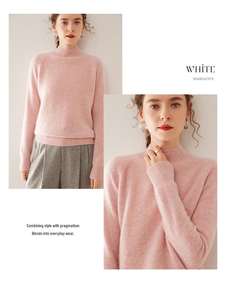 2024 Women's Autumn/Winter Thickened Slim Fit Cashmere Sweater - Semi-High Neck, Solid Color, Warm Knit Base Layer