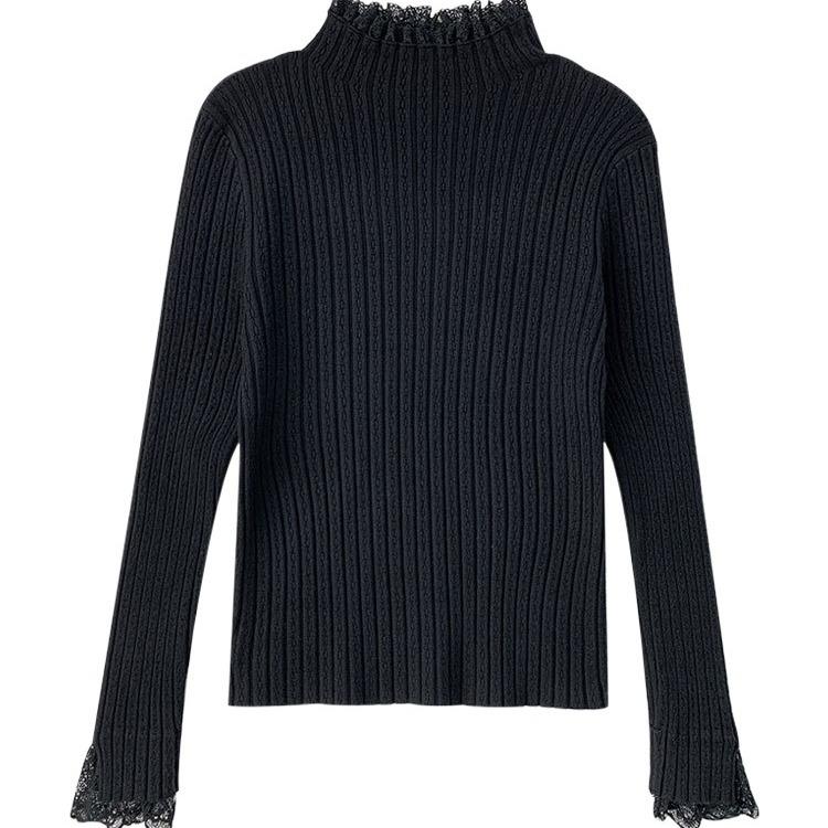 French Patchwork Lace Inner Knit Sweater for Women's Autumn and Winter New Style Slim Fit and Slimming Half High Neck Sweater Base Shirt Top