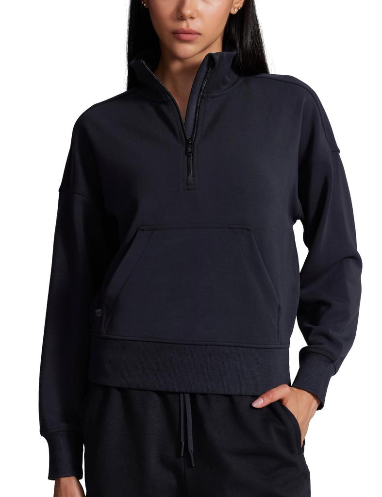 CRZ YOGA Long Sleeve Hoodie with Casual Sweatshirt with Size L Women's Loose-Fit Half-Zip, Sportswear, Pockets, SoftAura, Black,