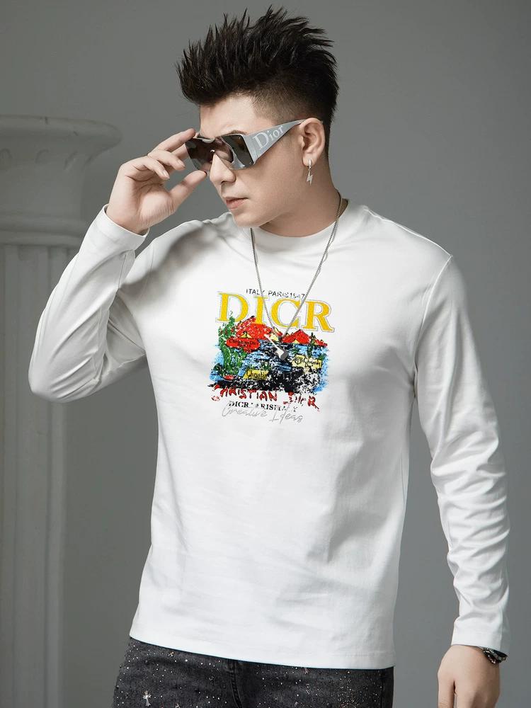 European-Style Long-Sleeve T-Shirt for Men, Autumn 2025 New Trendy Brand Printed Rhinestone Round-Neck Base Shirt, Men's Casual Top