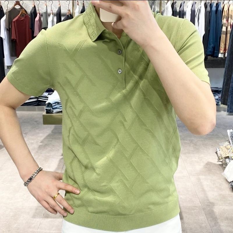 Men Korean Fashion Polo Collar Business Casual Knitted T Shirt Summer Solid Short Sleeve Breathable Tops