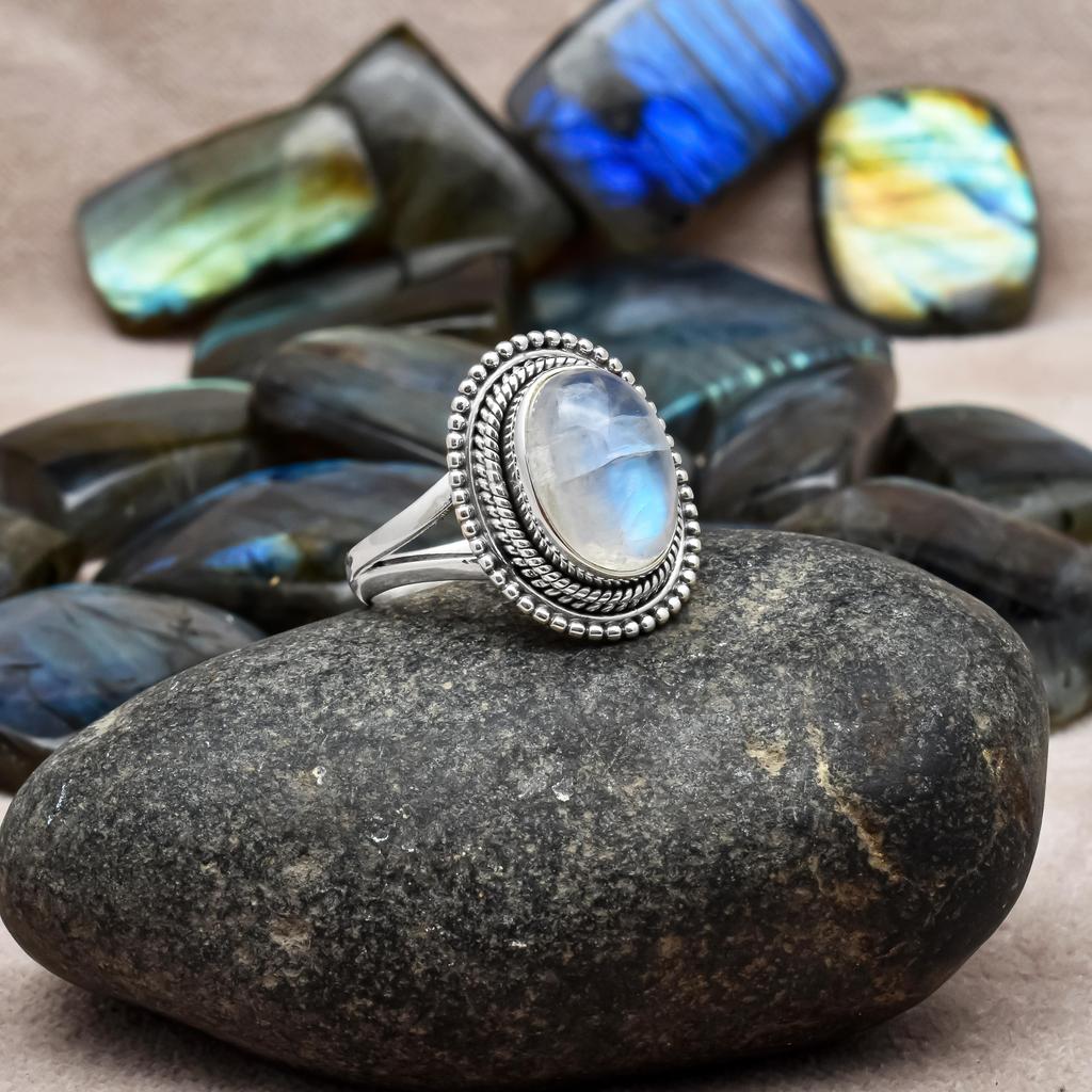 Anello con gambo diviso con perline in argento sterling massiccio 925 con pietra di luna arcobaleno naturale per donne e ragazze