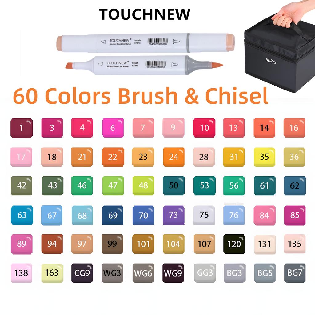 TOUCHNEW Alcohol Markers Soft Brush,Dual Tip Fine&Chisel / Brush&Chisel Art Markers Set for Adult Artists Drawing Coloring
